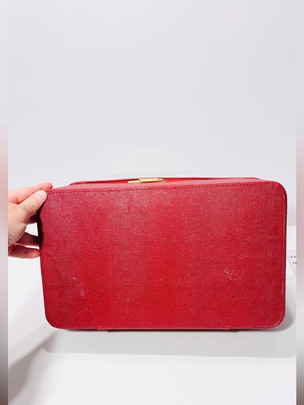 Y2K VTG Estée Lauder Red Lizard Embossed Train Case Vanity Cosmetic Bag 12x7x6.5
